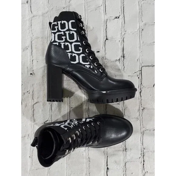 GUESS Ankle Boots Knit Logo Platform Black White WOMENS SIZE 11M - Picture 7 of 8